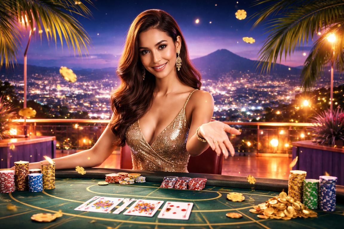 Meja baccarat live casino dengan pencahayaan neon elegan dan dealer profesional