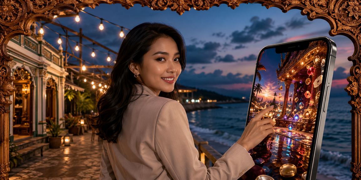 Pengguna bermain casino di ponsel sambil bersantai di pantai tropis