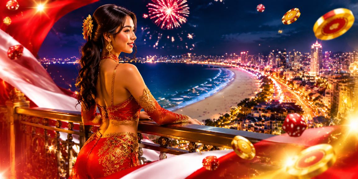 Suasana santai di pantai dengan layar casino berwarna-warni dan nuansa malam tropis
