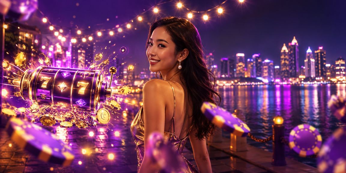 Layar slot game berwarna-warni di tepi pantai tropis yang cerah
